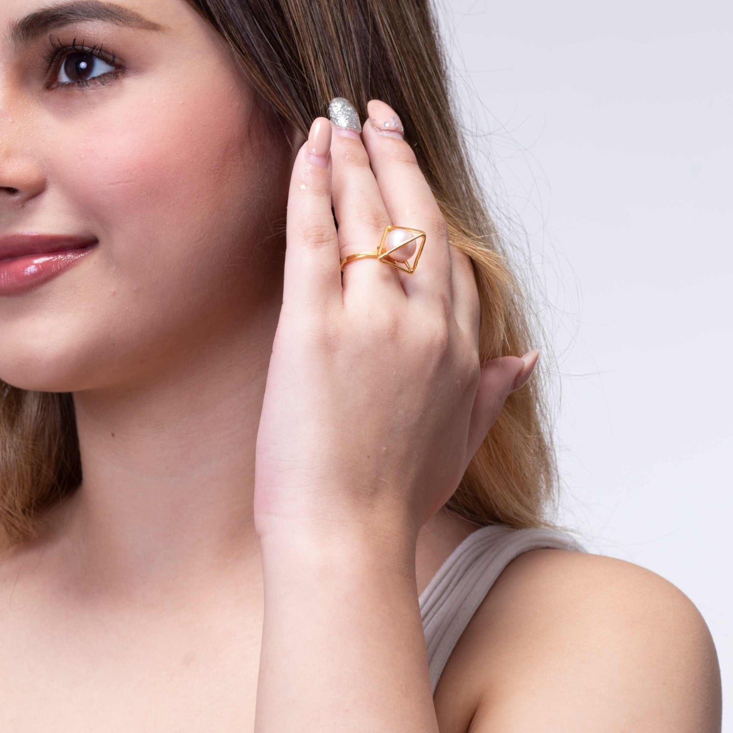 Rose Gold Triangle Pearl Ring
