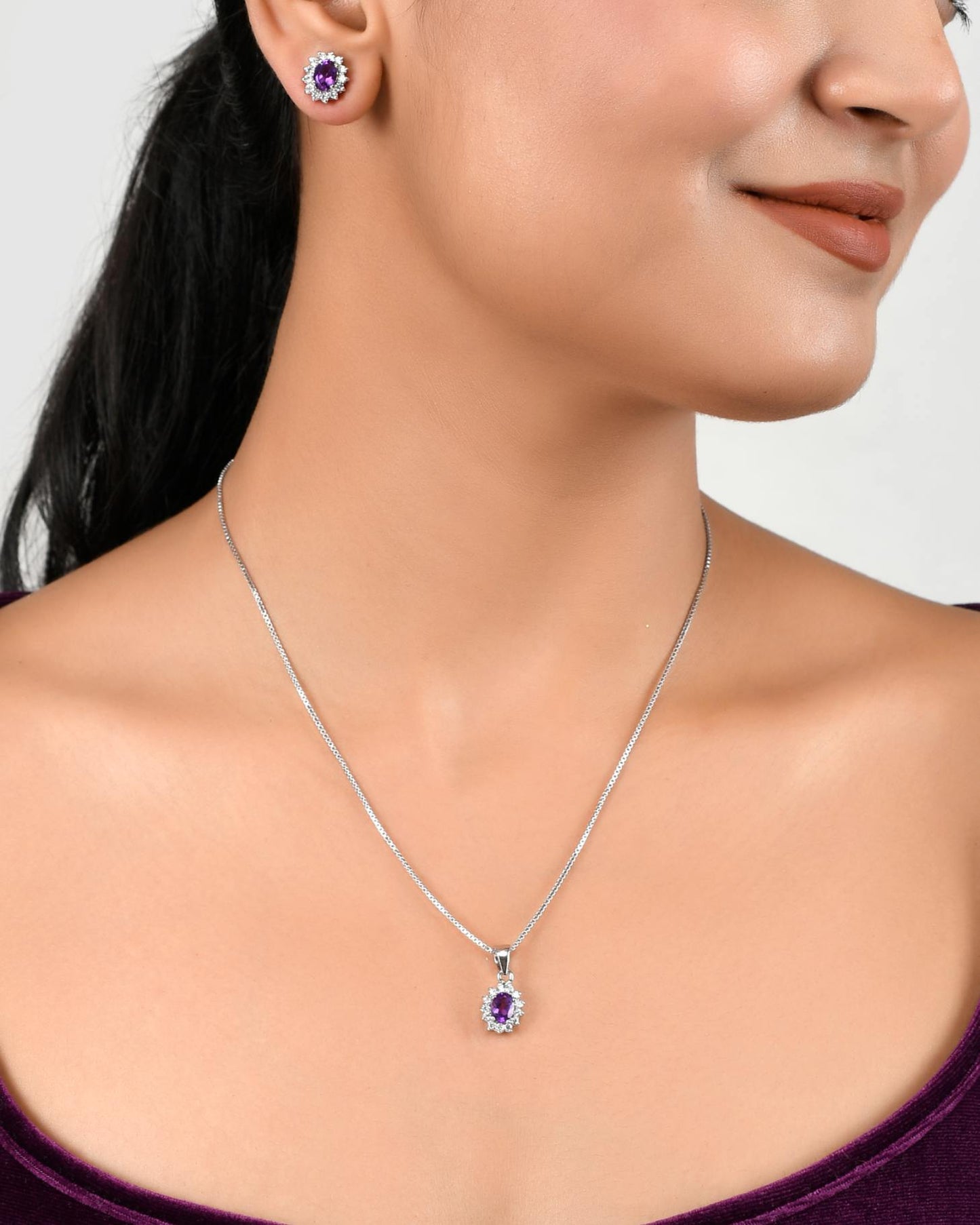 Amethyst Halo Pendant Necklace & Earrings Set