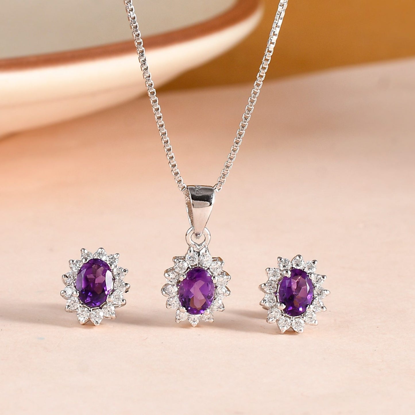 Amethyst Halo Pendant Necklace & Earrings Set