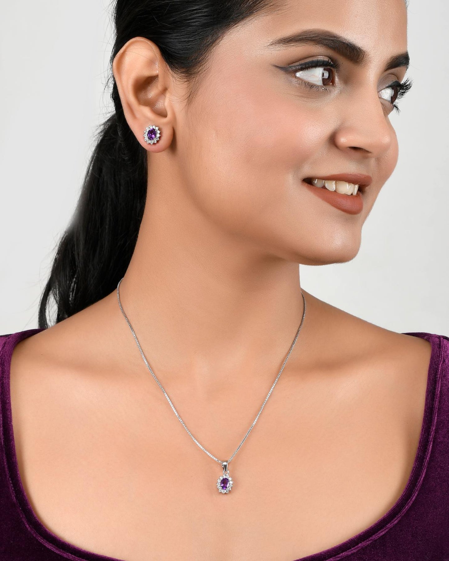 Amethyst Halo Pendant Necklace & Earrings Set