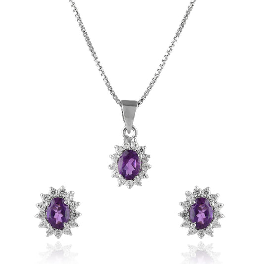 Amethyst Halo Pendant Necklace & Earrings Set