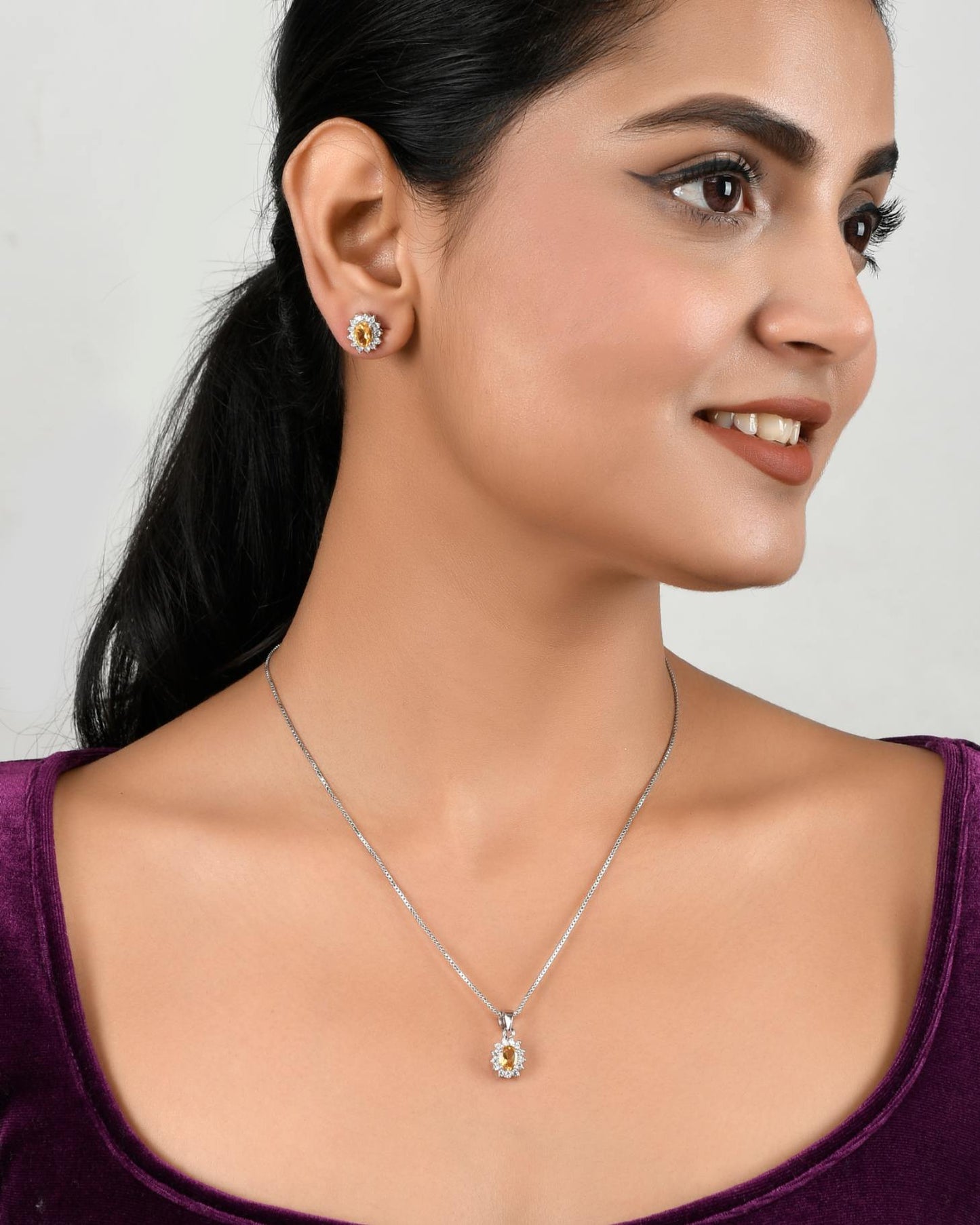 Citrine Halo Pendant Necklace & Earrings Set