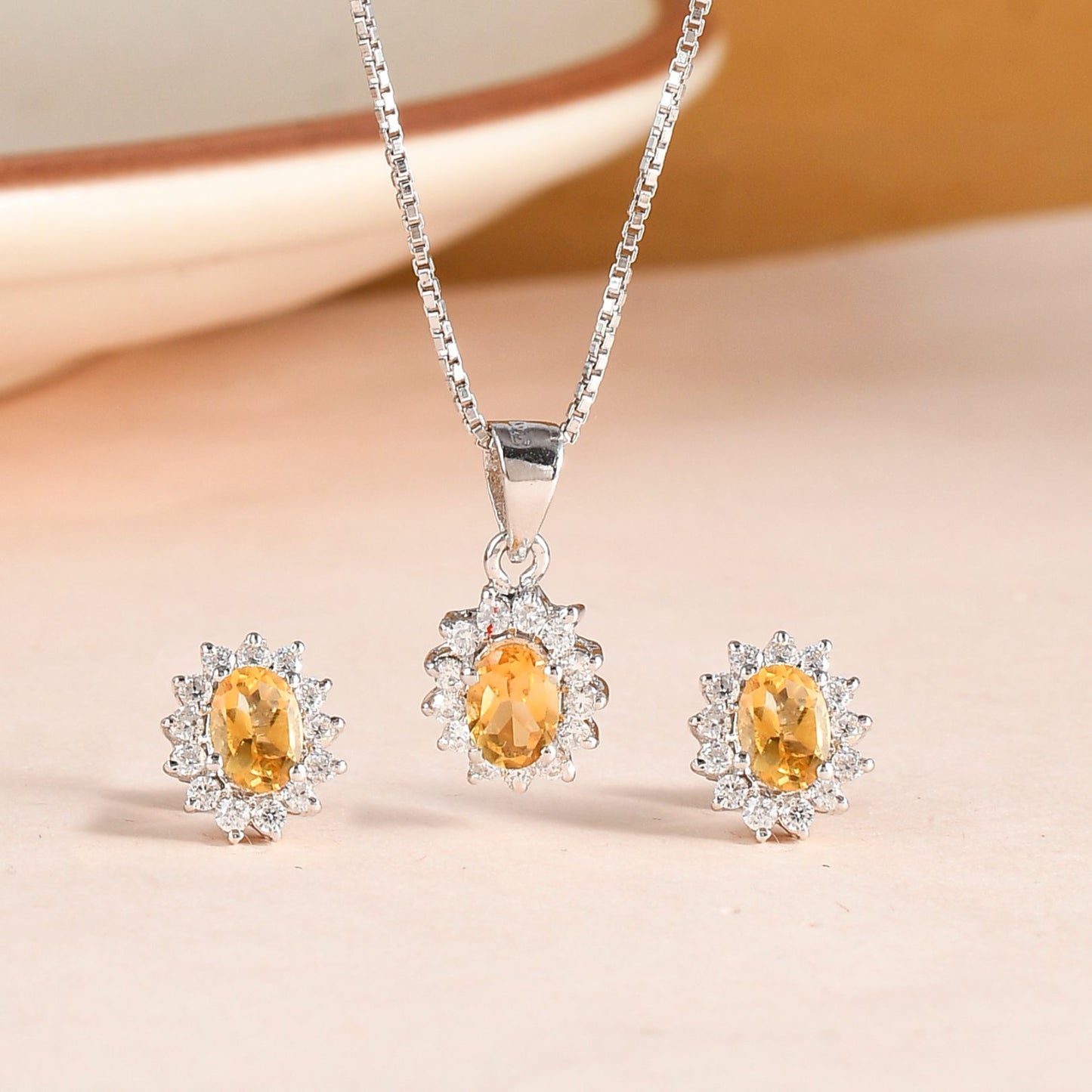 Citrine Halo Pendant Necklace & Earrings Set