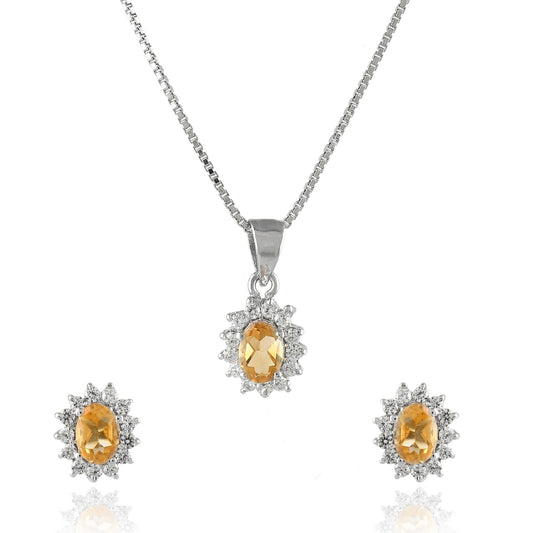 Citrine Halo Pendant Necklace & Earrings Set