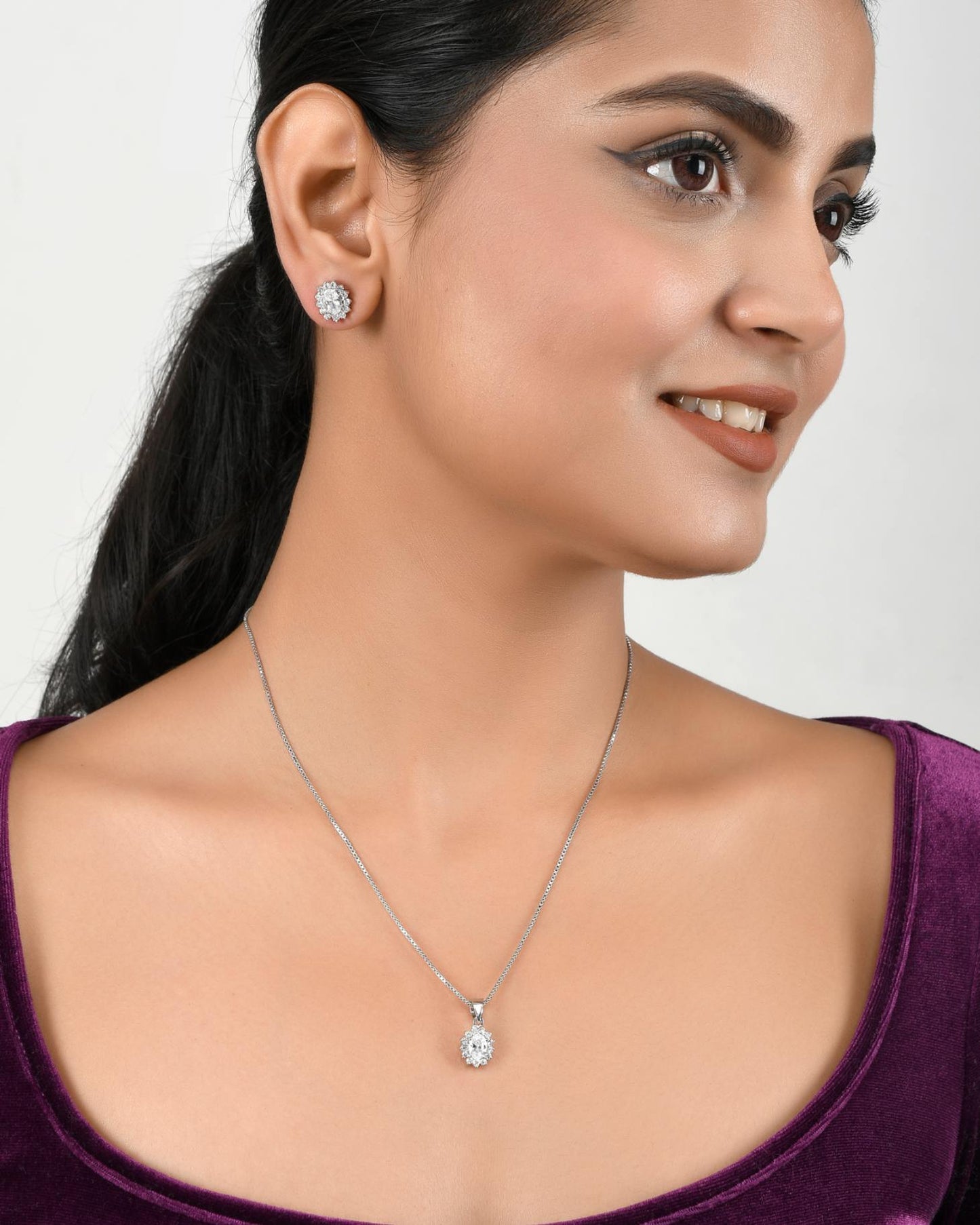 Cubic Zirconia Halo Pendant Necklace & Earrings Set