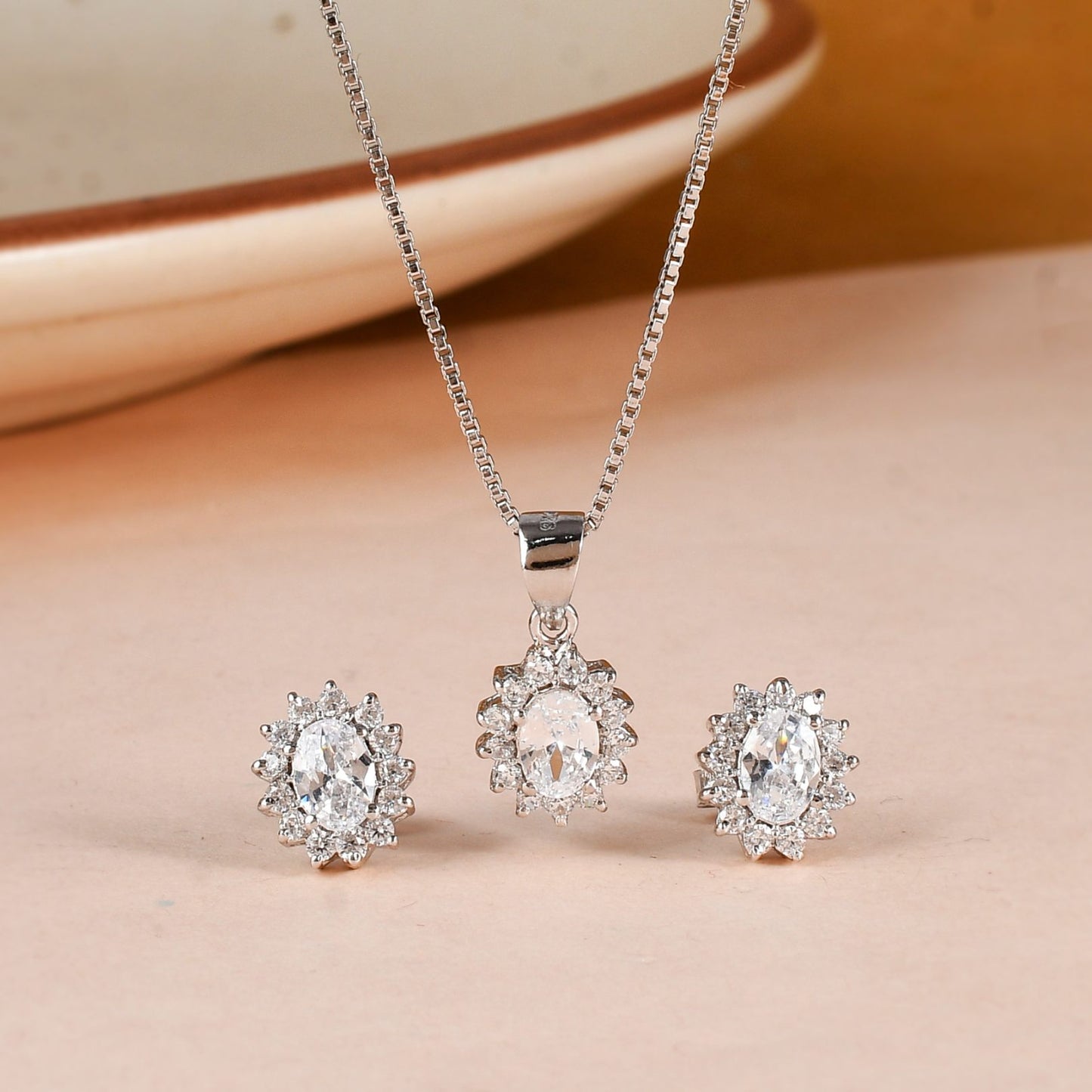 Cubic Zirconia Halo Pendant Necklace & Earrings Set