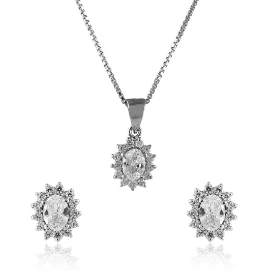Cubic Zirconia Halo Pendant Necklace & Earrings Set