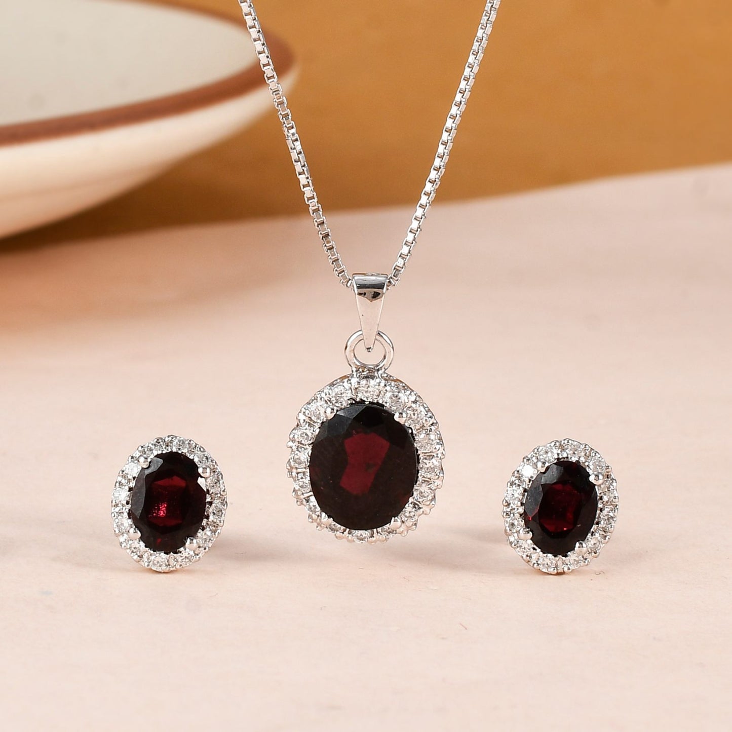 Elegant Ruby Halo Jewelry Set