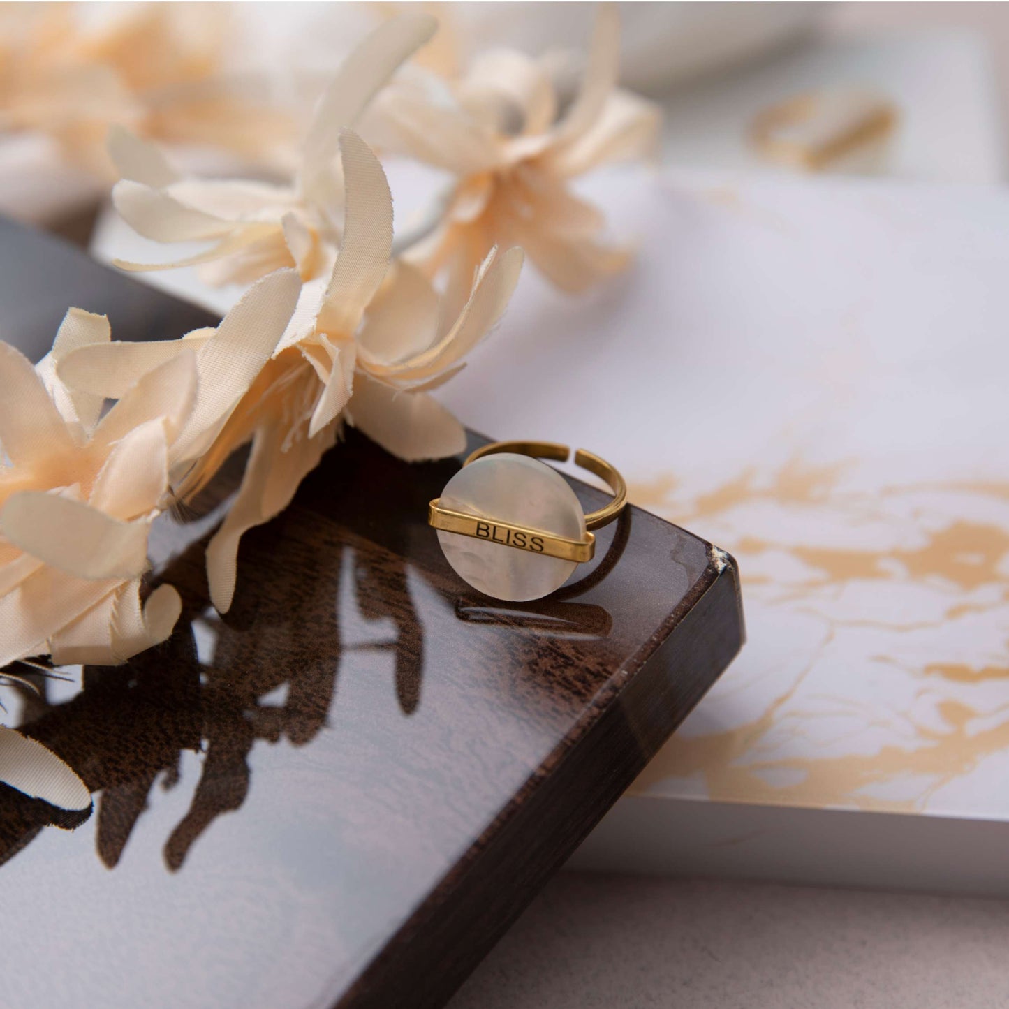 Gold-Plated White Stone Disc Ring