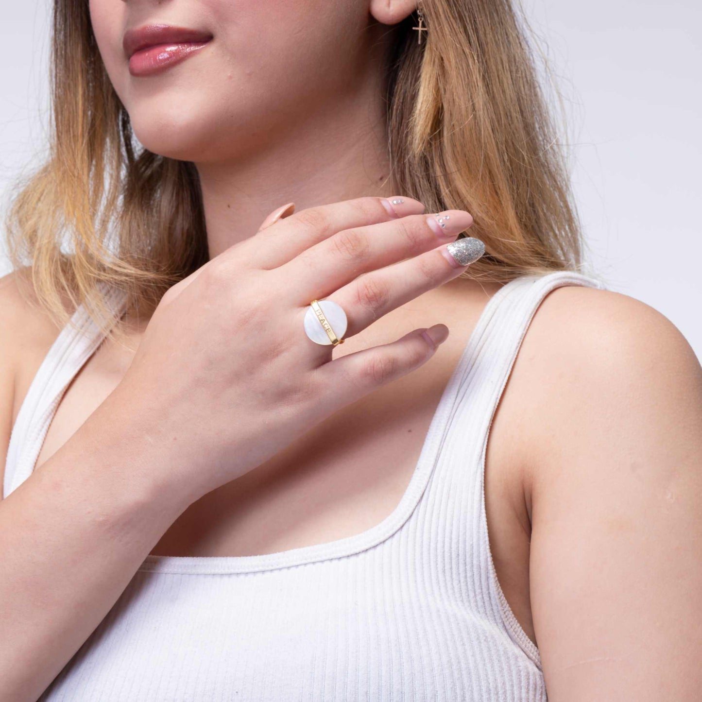 Gold-Plated White Stone Disc Ring