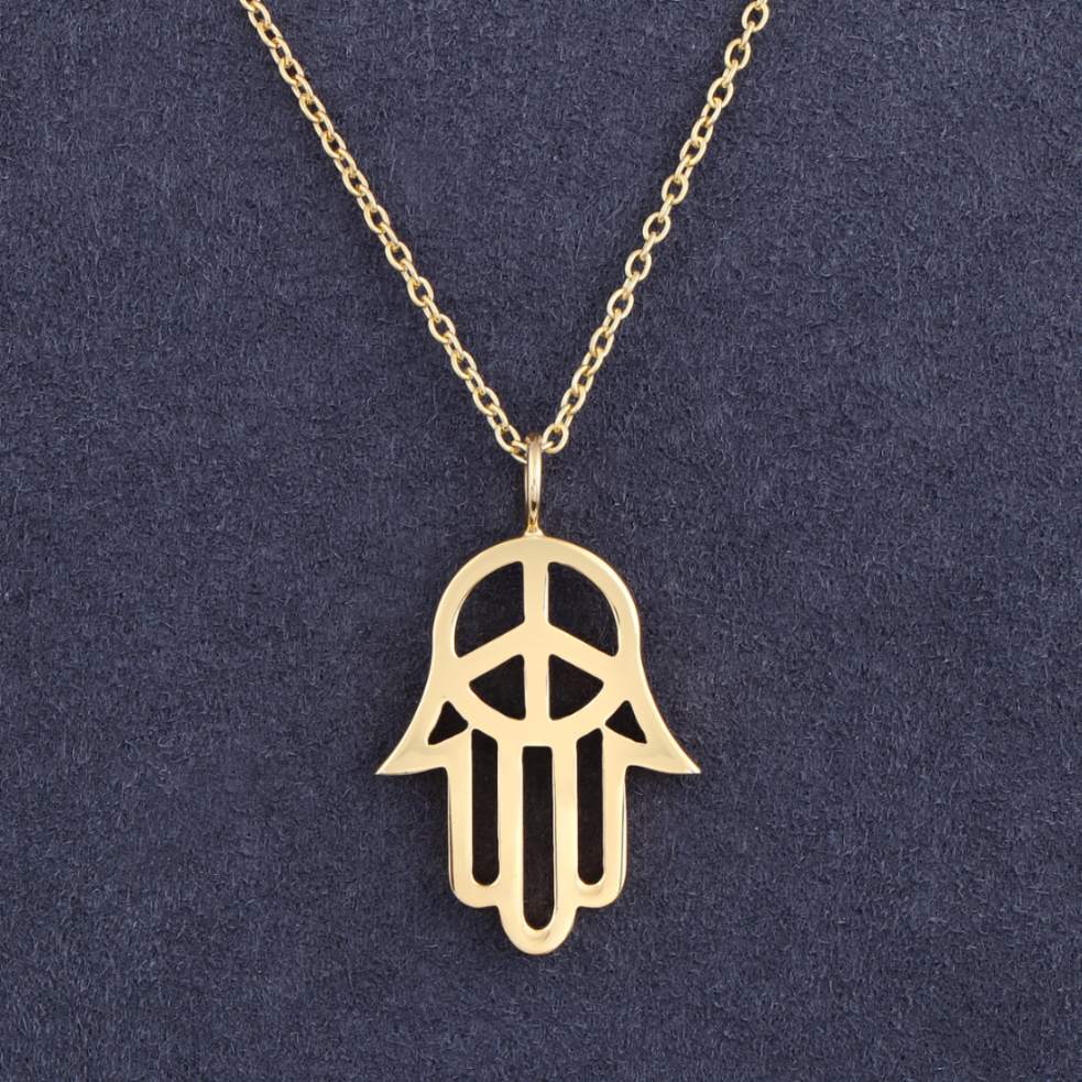 Hamsa Hand with Peace Symbol Gold Pendant