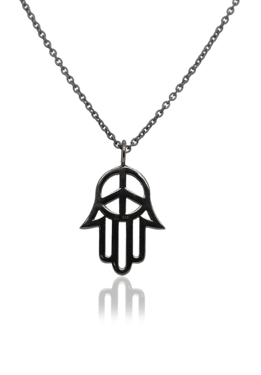 Hamsa Hand with Peace Symbol Silver Pendant