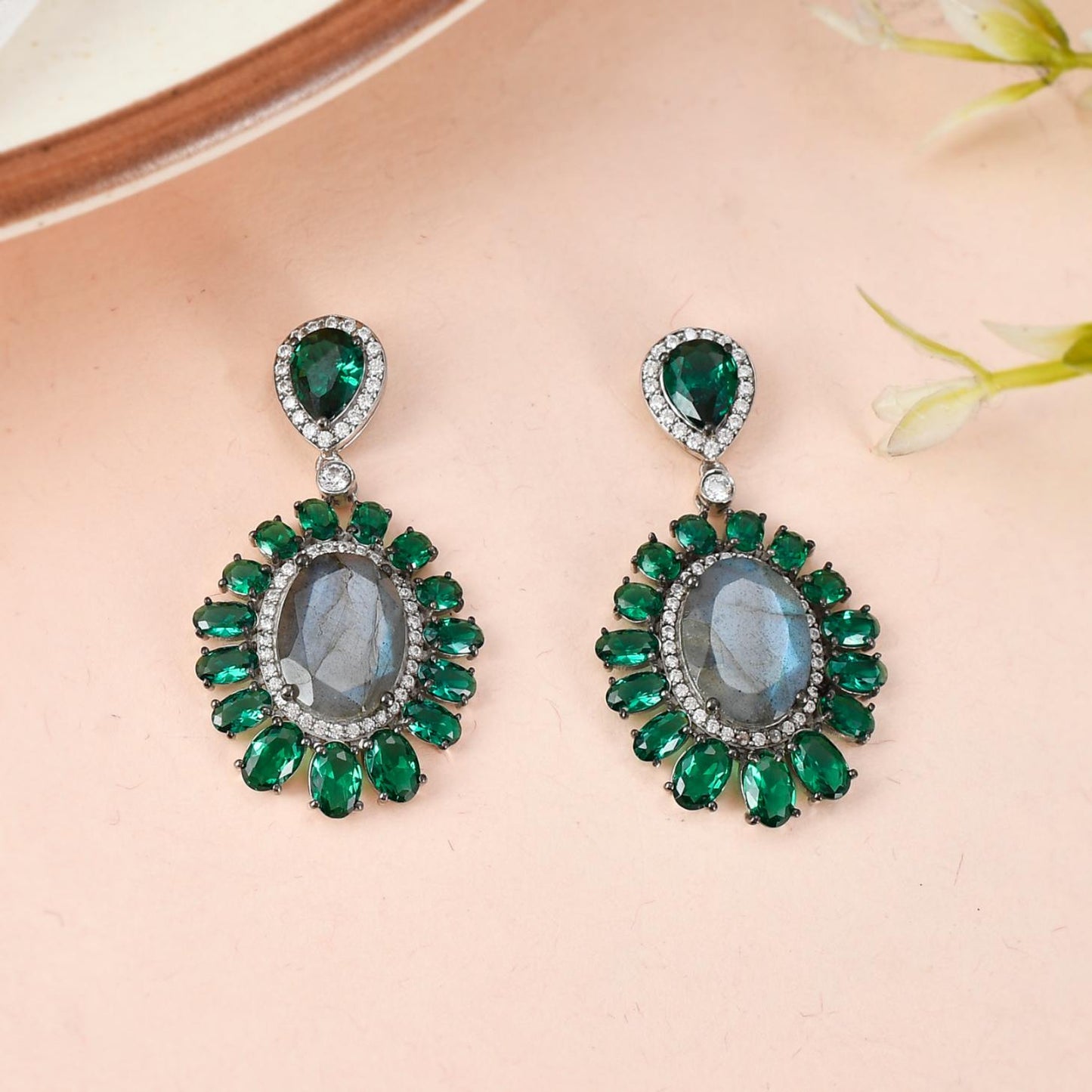 Labradorite and Emerald Teardrop Earrings