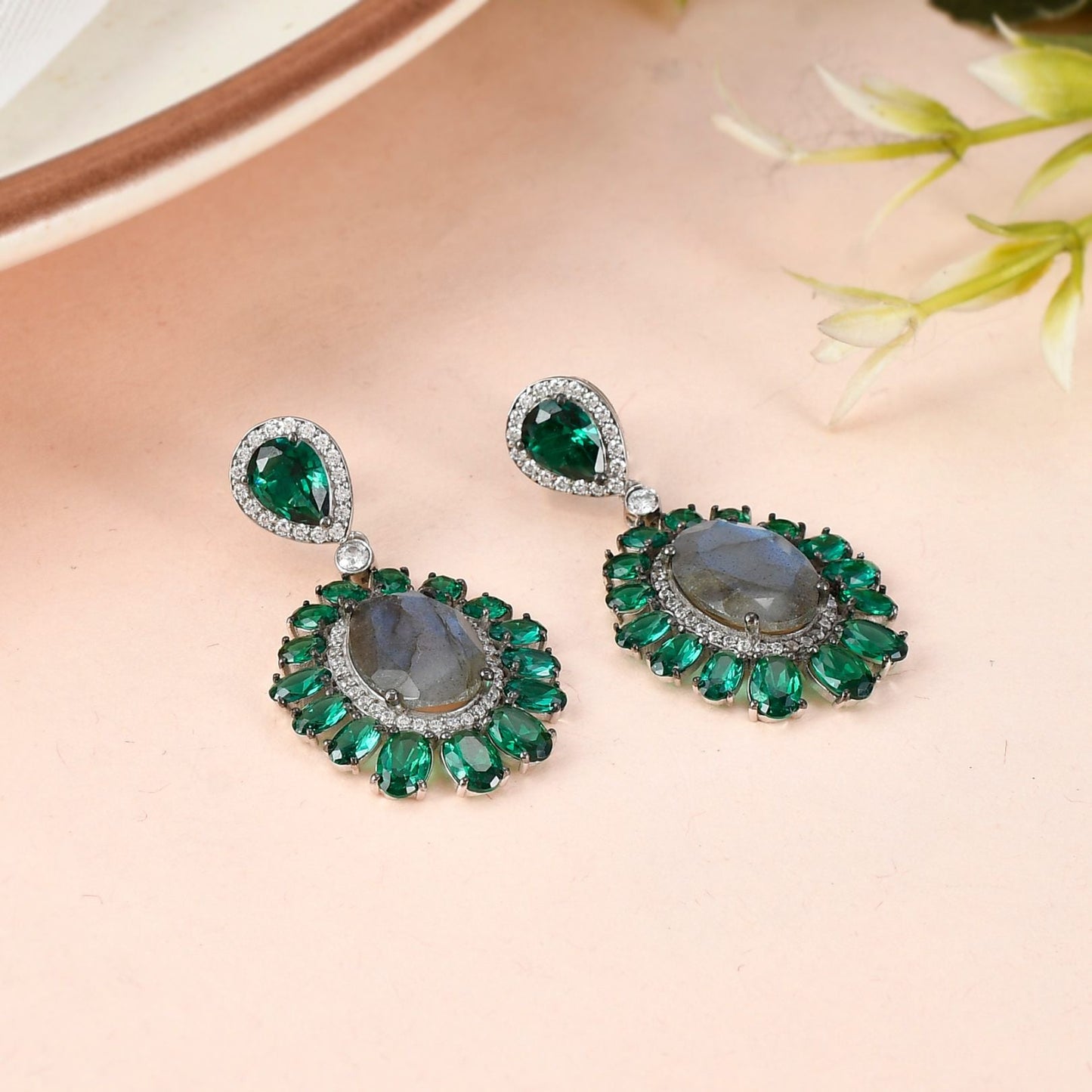 Labradorite and Emerald Teardrop Earrings