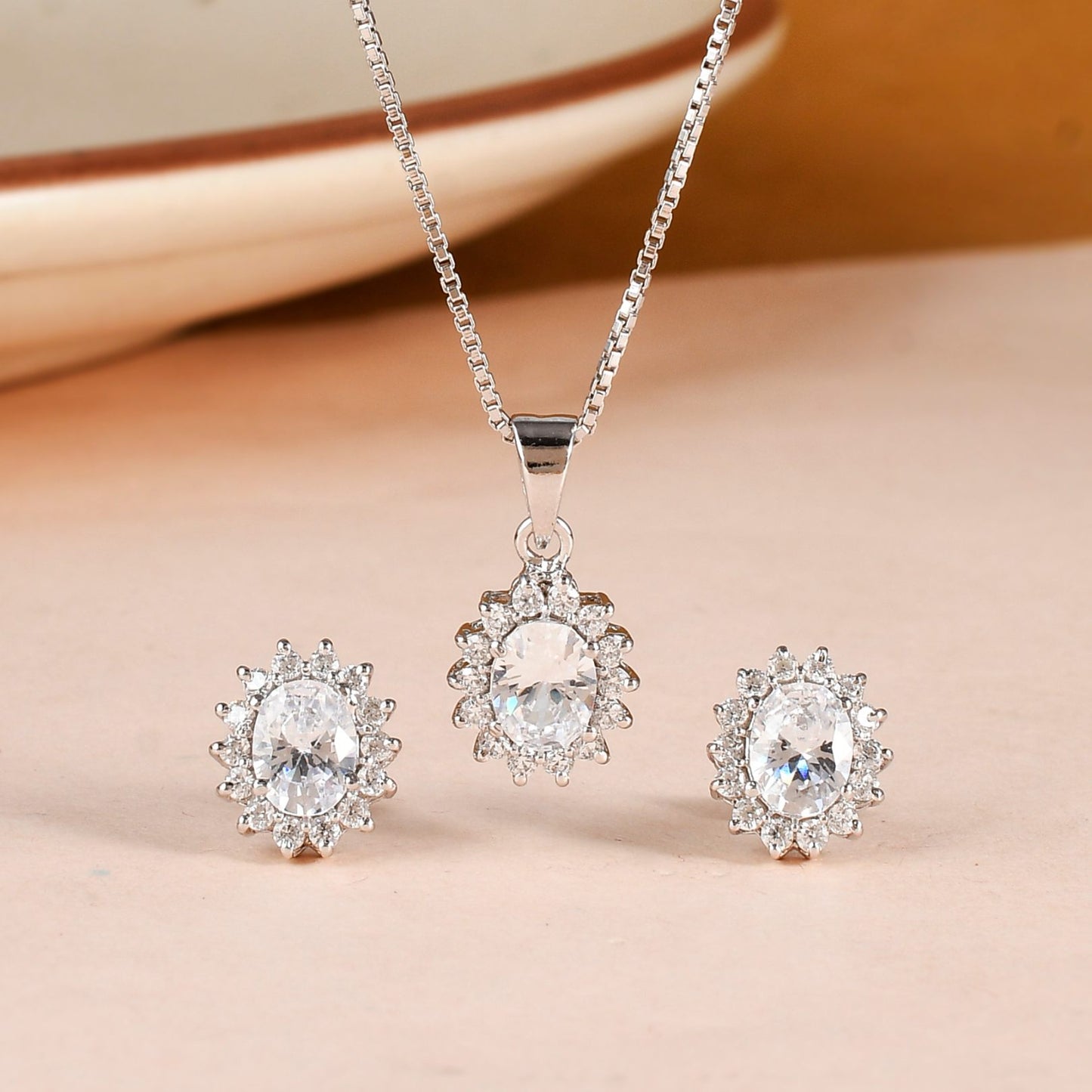 Oval Halo Cubic Zirconia Jewelry Set